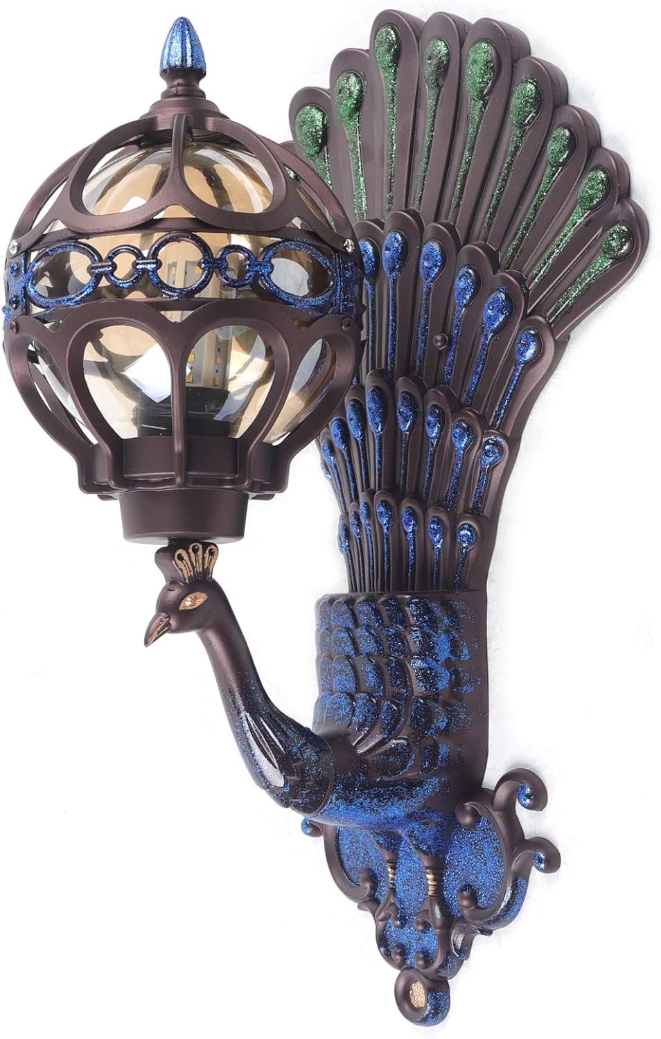 SHIOUCY Aplique de pared LED, lámpara de pared metálica vintage de mediados de siglo, lámpara de esfera Art Deco con placa trasera de pavo real para