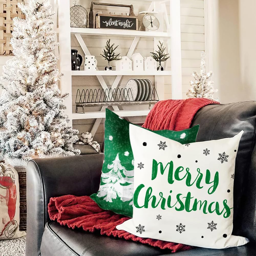 DFXSZ Juego de 4 fundas de almohada de Navidad verdes de 18 x 18 pulgadas para decoraciones de Navidad, diseño de árbol de Navidad, copo de nieve,