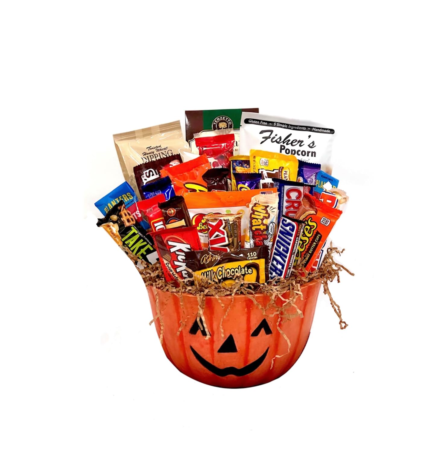 Cesta de regalo gourmet de calabaza de Halloween de 33 piezas de chocolates artesanales, galletas, crujidos y aperitivos. Hecho a mano y perfecto