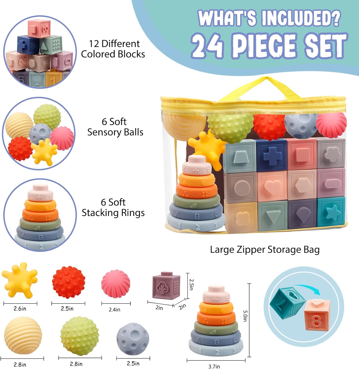 Bloques apilables suaves para bebé juguetes sensoriales Montessori 3 en 1 para bebés de 0 a 3 a 6 a 9 a 12 meses, bloques de construcción, bolas