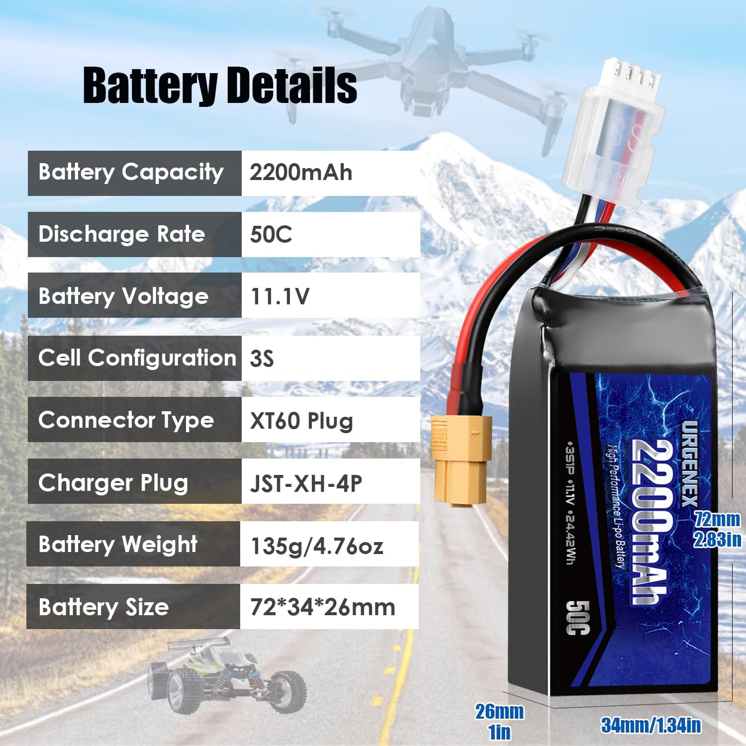 URGENEX 3S Lipo Batería 2200mAh 11.1V 50C (estallido 80C) Batería RC de alta tasa de descarga con enchufe XT60 para RC Car Truggy RC Avión FPV Drone