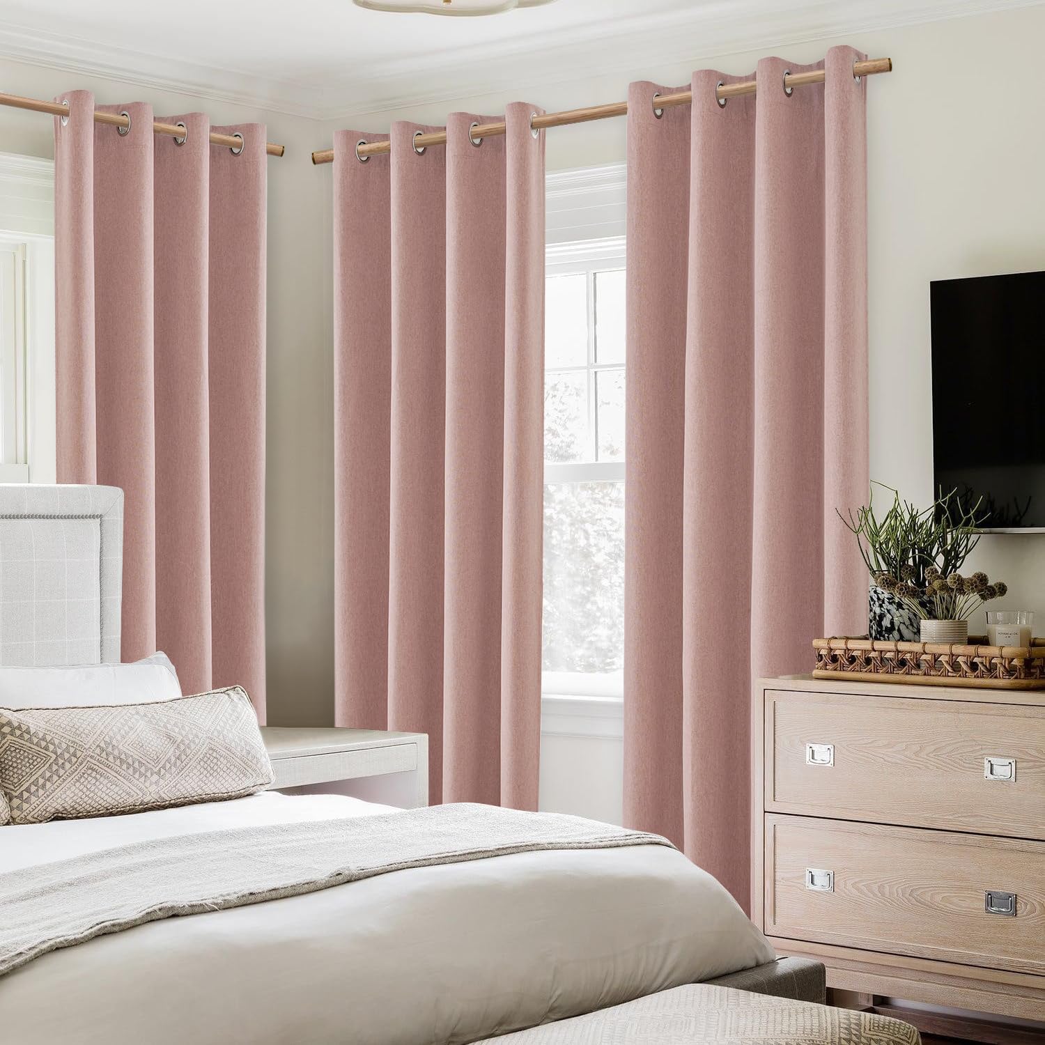 HOMEIDEAS Cortinas 100% opacas de 42 x 63 pulgadas de largo, 2 paneles de cortinas de lino sintético, cortinas de oscurecimiento de habitación,