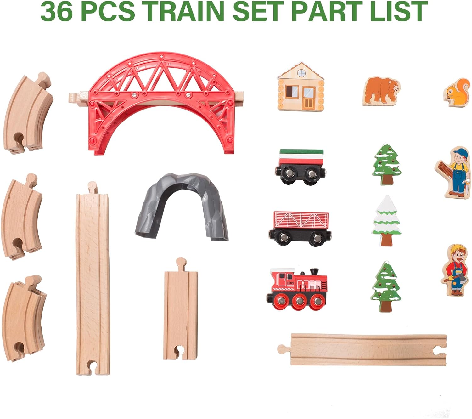 Giant bean Juego de tren de madera con temática forestal para niños pequeños, 36 piezas de juguete de madera expandible e intercambiable, para niños