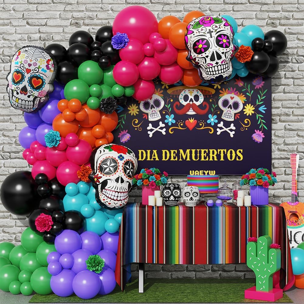 Kit de guirnalda de arco de globos del Día de los Muertos, decoración de fiesta del Día de los Muertos, 147 globos coloridos con globos de aluminio