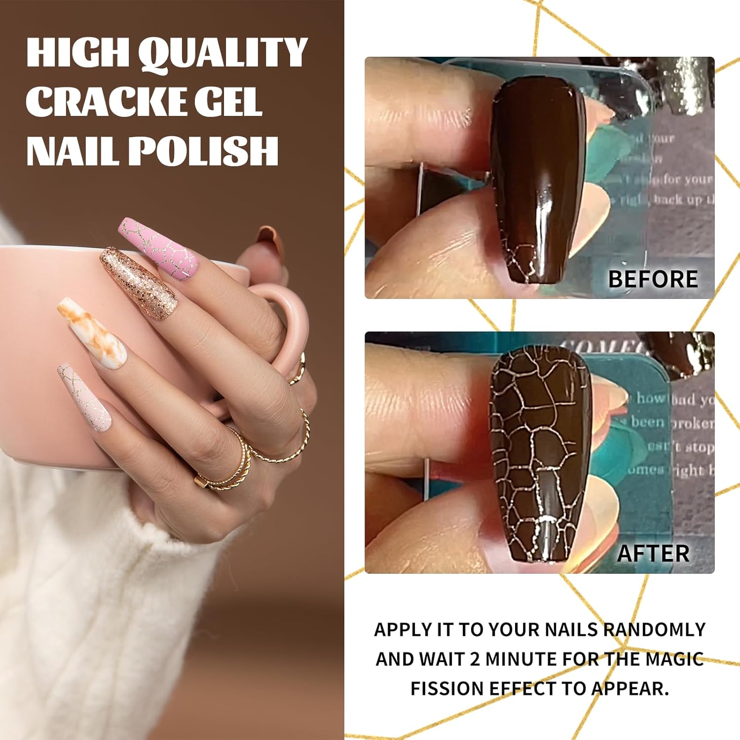 U-Shinein Esmalte de uñas de gel 3D, esmalte de uñas de ángulo blanco agrietado, increíble efecto de esmalte de uñas con estampado, de larga