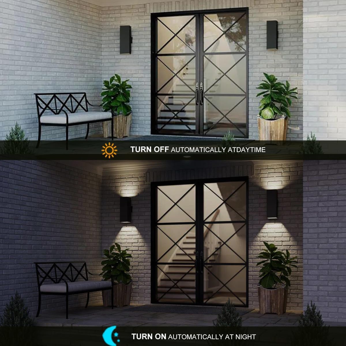 Paquete de 2 lámparas de pared para exteriores del amanecer al anochecer, iluminación LED moderna hacia arriba, luces de pared para exteriores, 2700