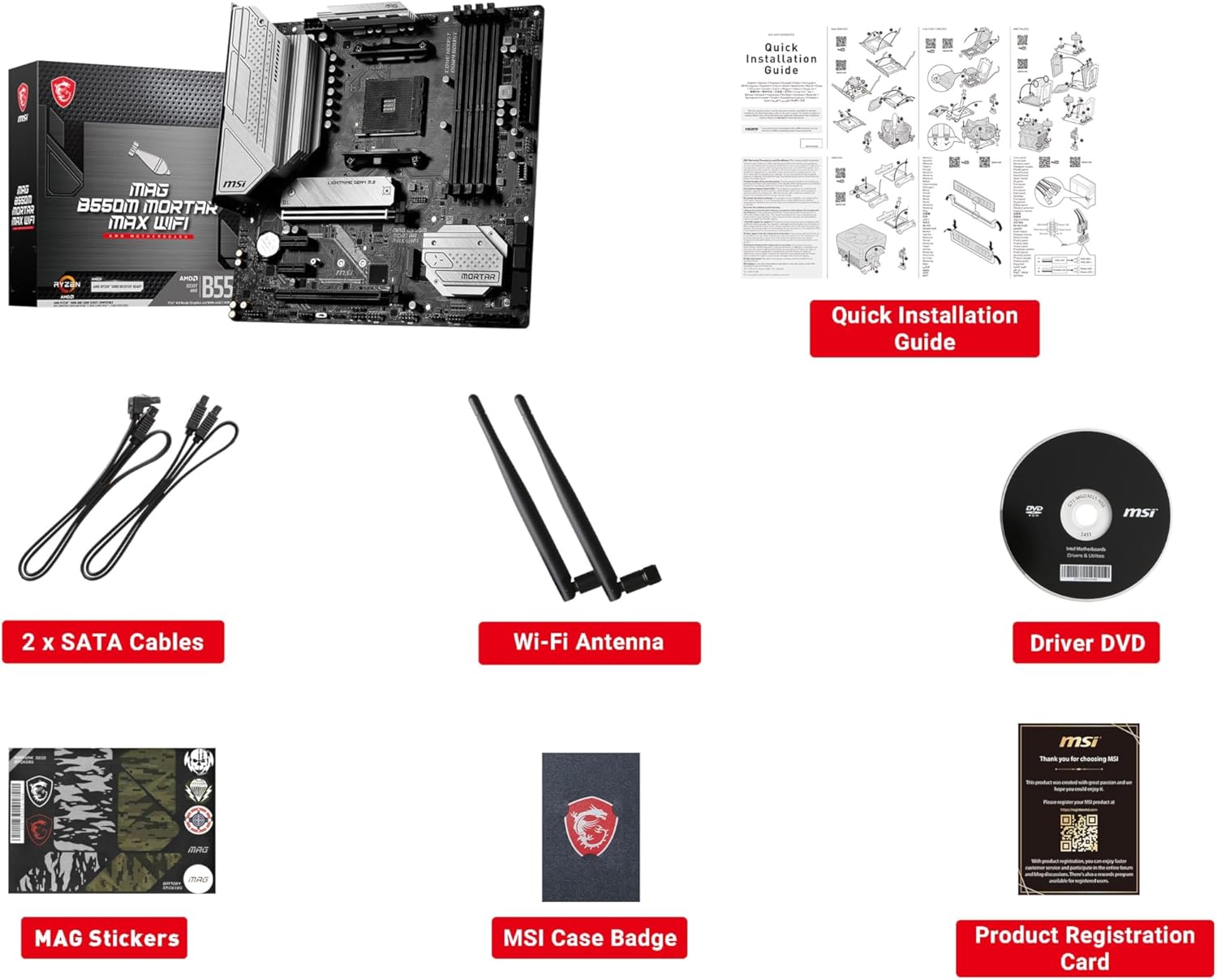 MSI MAG B550M Mortar MAX – Placa base WiFi para juegos (AMD AM4, DDR4, PCIe 4.0, SATA 6Gbs, M.2, USB 3.2 Gen 2, HDMIDP, Micro ATX, Wi-Fi 6E,