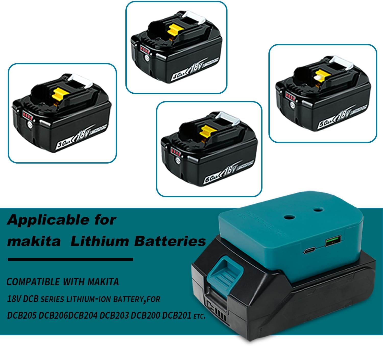 Adaptador de cargador USB para batería Makita de 18V, paquete de 2 adaptadores de carga rápida con interfaz USB tipo C DC 5V3A, 9V2.22A PPS