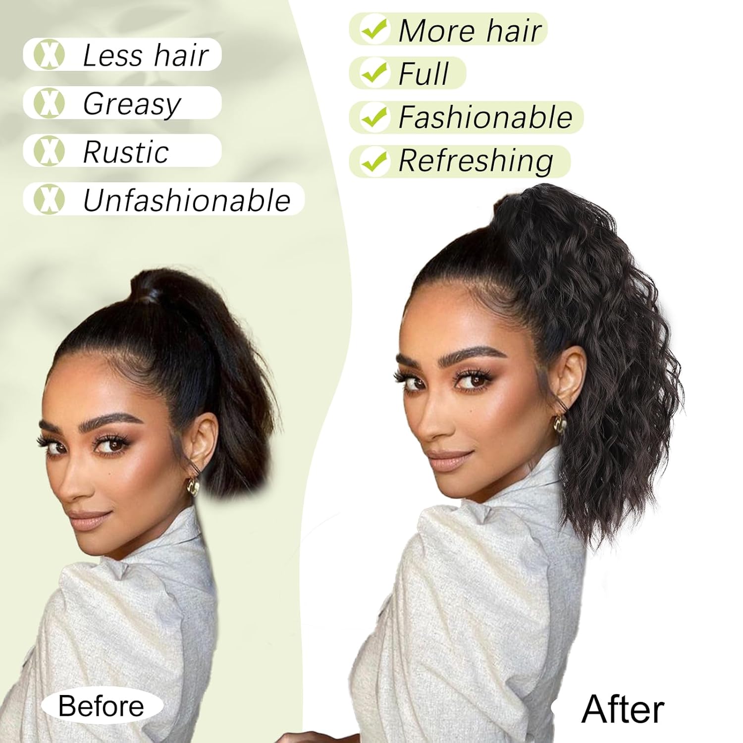 Extensión de cola de caballo con clip para mujer, extensión de cola de caballo corta ondulada sintética esponjosa (14 pulgadas, marrón negro)