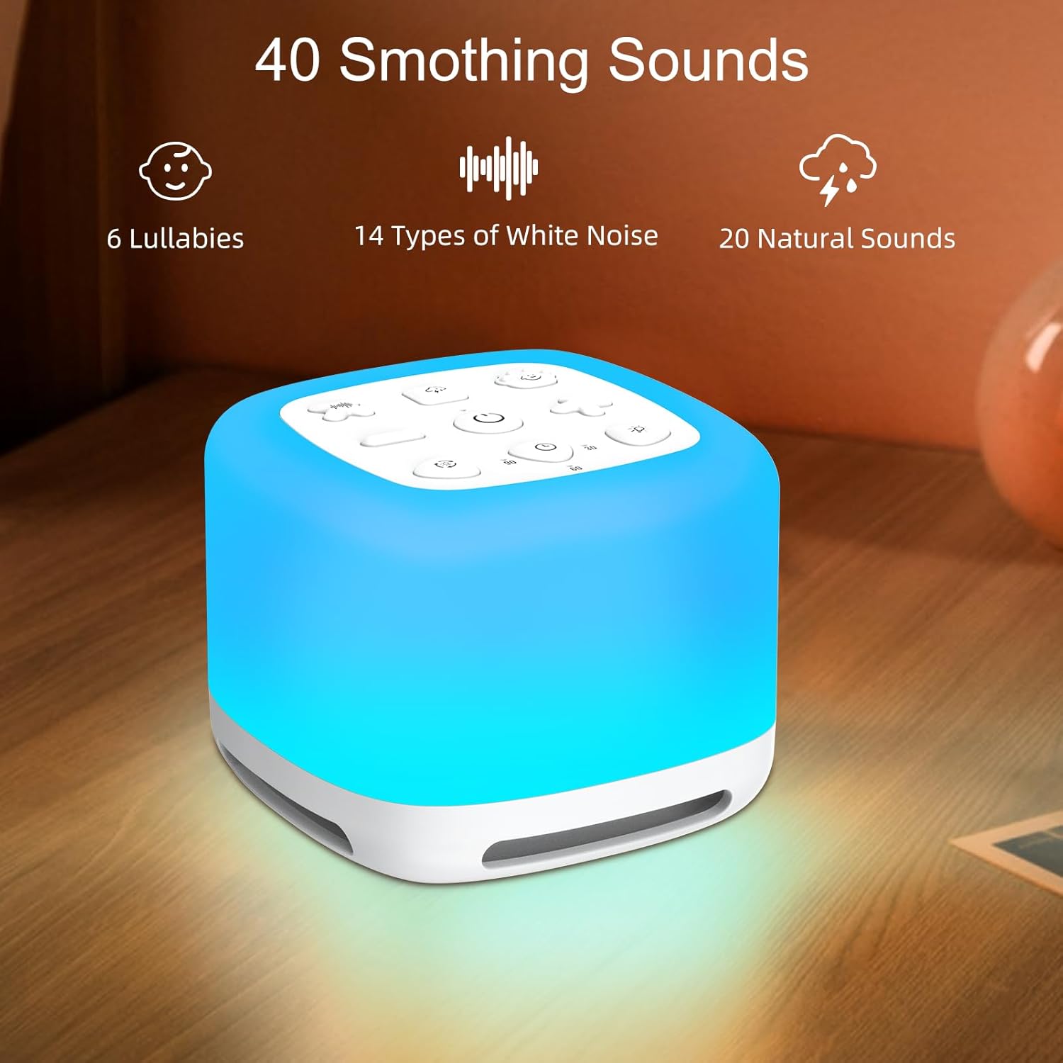 Máquina de ruido blanco, máquina de sonido portátil para bebé adulto, cuenta con batería potente, 40 sonidos relajantes y 8 colores de luz,