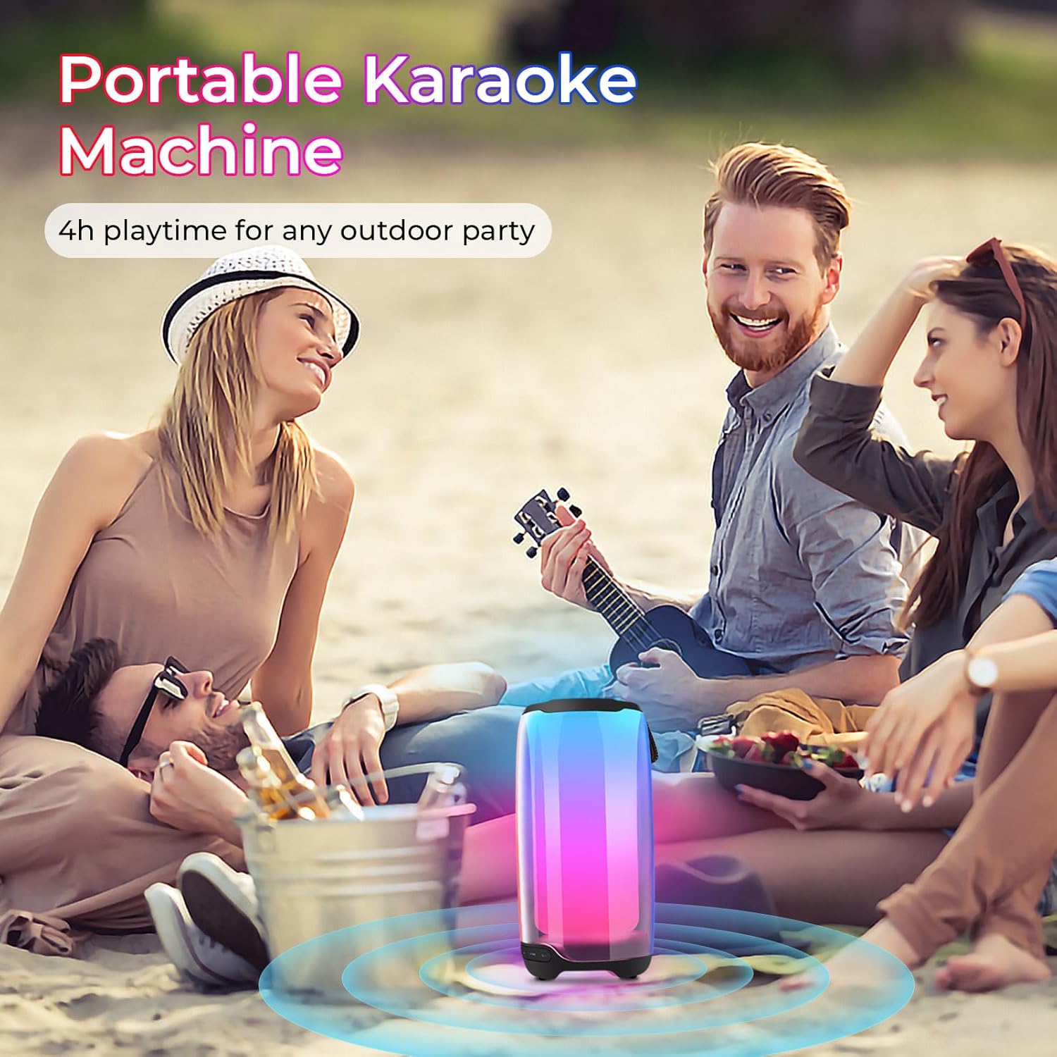 Máquina de karaoke portátil para adultos y niños con 2 micrófonos, ajuste de gravesagudos, TWS, luces LED, compatible con BT, tarjeta TF, altavoz