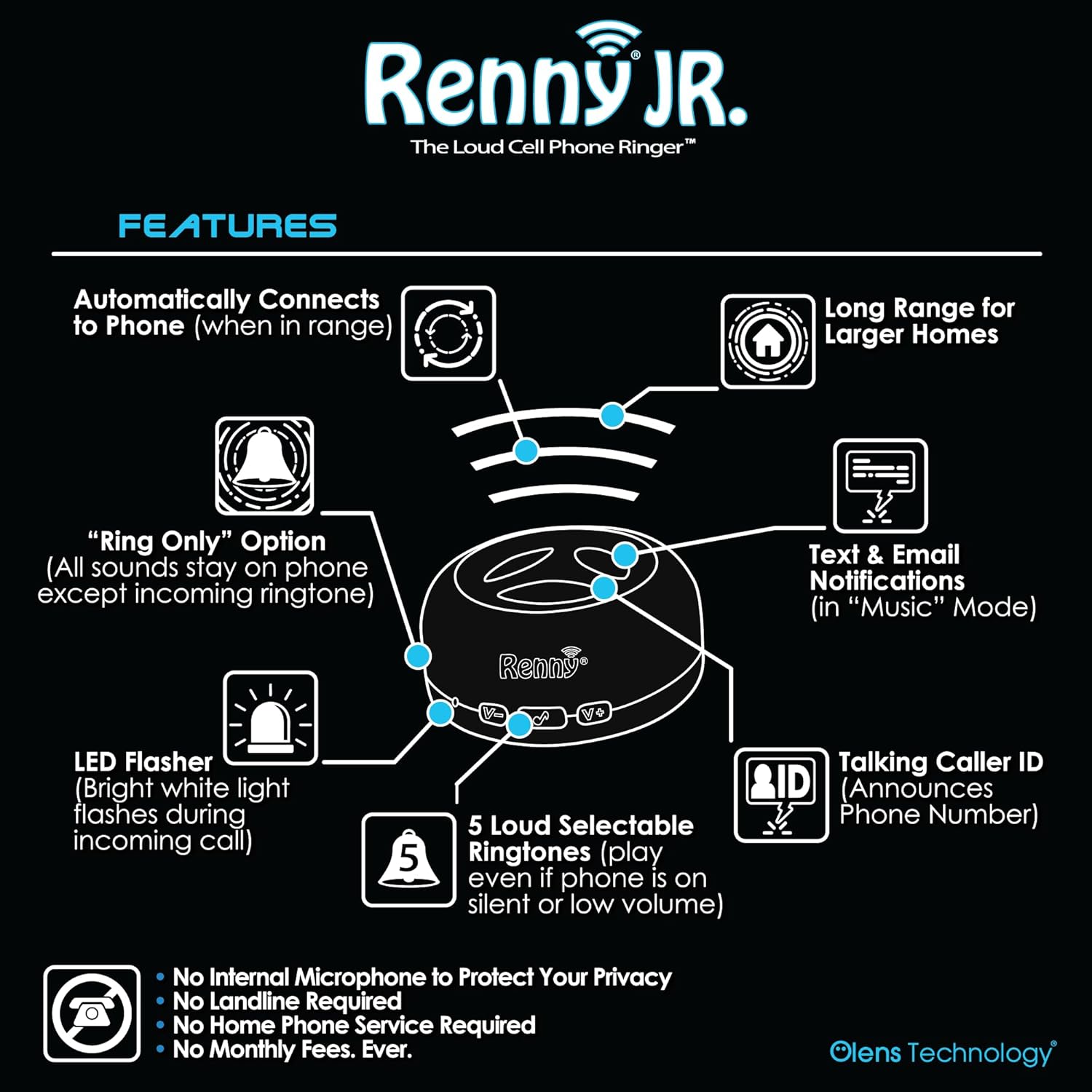 RENNY JR – El timbre del teléfono celular, amplificador y parpadeo para personas con discapacidad auditiva (117 dB)  Se conecta automáticamente de