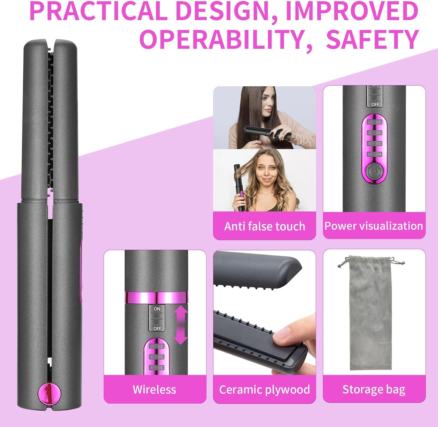OBEST Rizador de pelo inalámbrico 2 en 1, mini plancha plana inalámbrica portátil de viaje, calentamiento rápido, alisador de 3 niveles