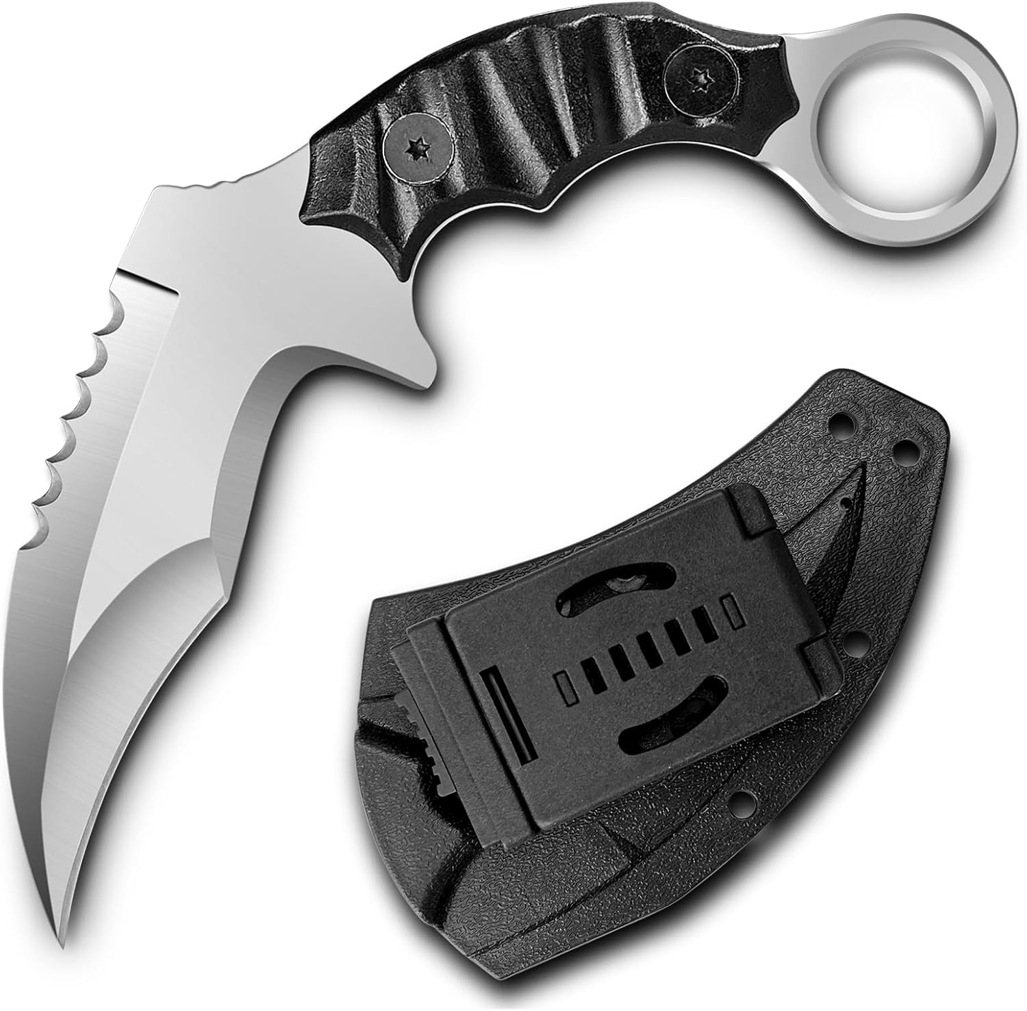 HOLYEDGE Cuchillos de hoja fija de acero D2 semidentados, cuchillo táctico de supervivencia con mango G10 y funda Kydex, herramientas de caza para