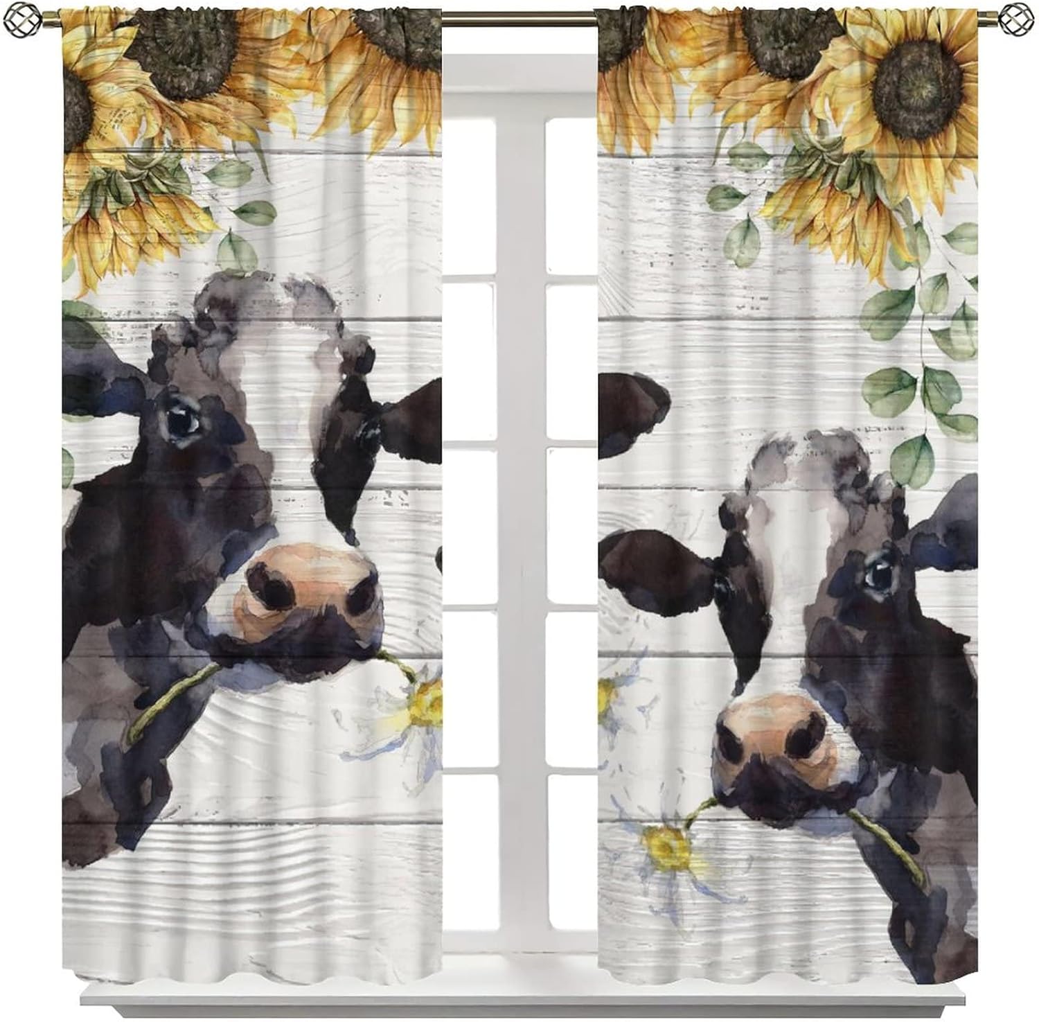 Cortinas de ventana de vaca, divertidas cortinas de granja, vacas, animales, vacas, flores, girasol, oscurecimiento de habitación, ventana, ventana,