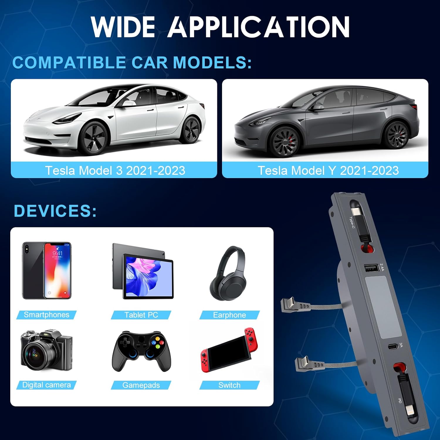 para Tesla USB Hub, estación de acoplamiento para Tesla Modelo Y Modelo 3 Accesorios 2023 2022 2021, cargador rápido con cable de carga retráctil