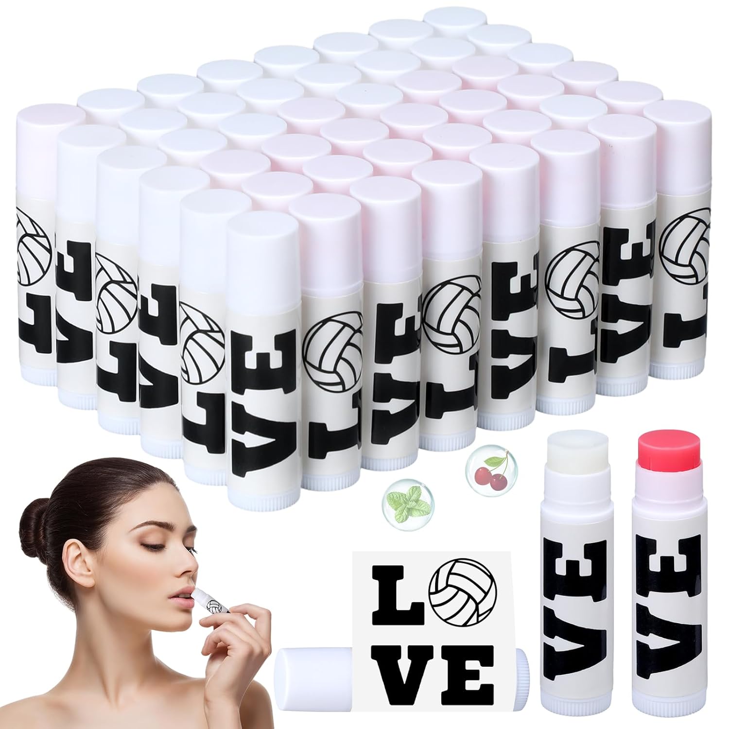 Heigble 50 unidades de bálsamo labial hidratante de voleibol a granel con ingredientes naturales, bálsamo labial a granel, cestas de regalos a