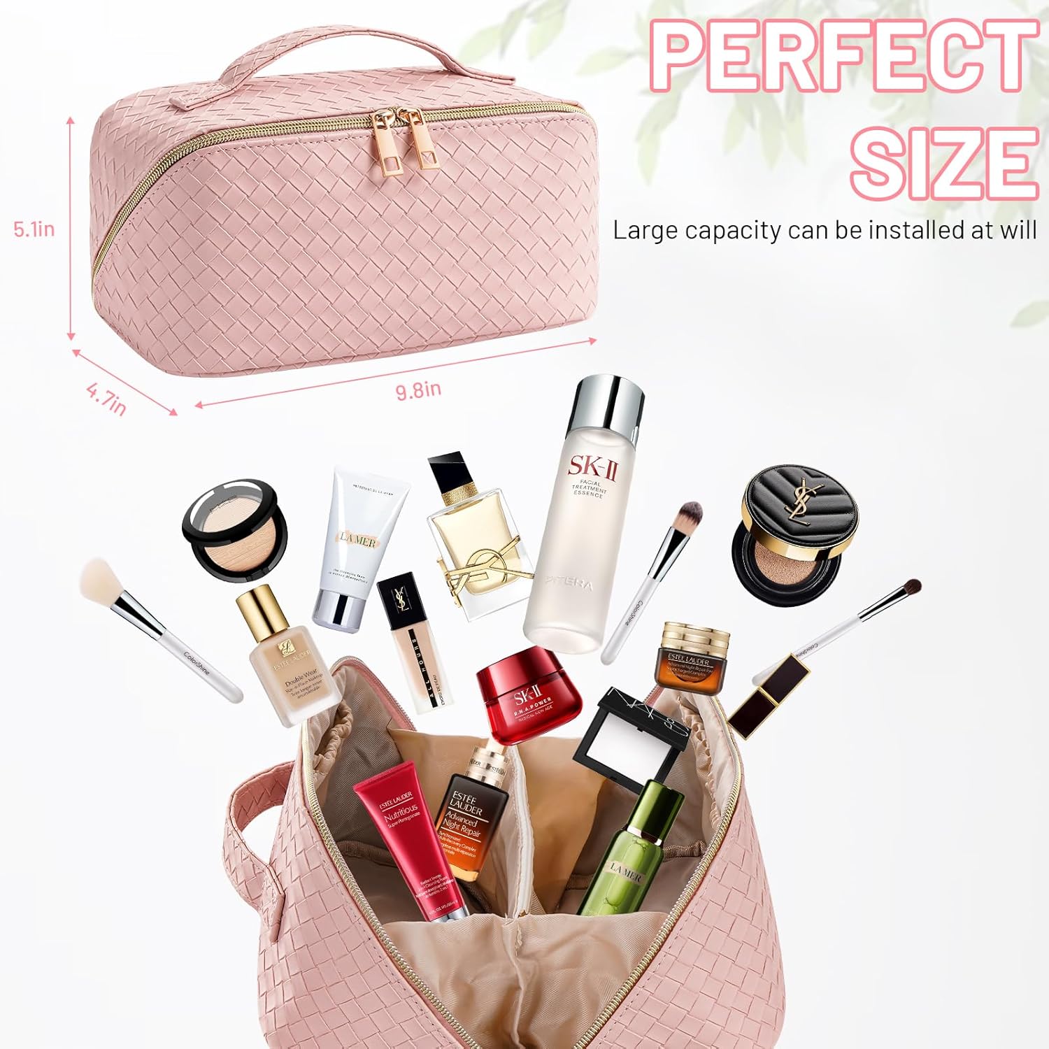 VVABELLI Bolsa de maquillaje  Bolsa de cosméticos de viaje de gran capacidad, portátil de cuero impermeable, bolsa de maquillaje de viaje para