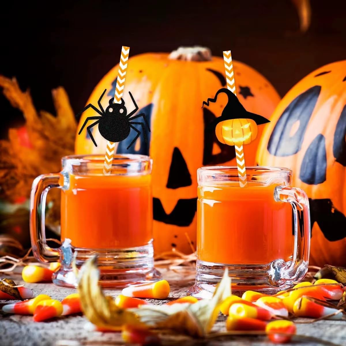 24 popotes de papel de Halloween, popotes de papel desechables para beber, suministros de decoración de fiesta de Halloween (bombilla, calavera,