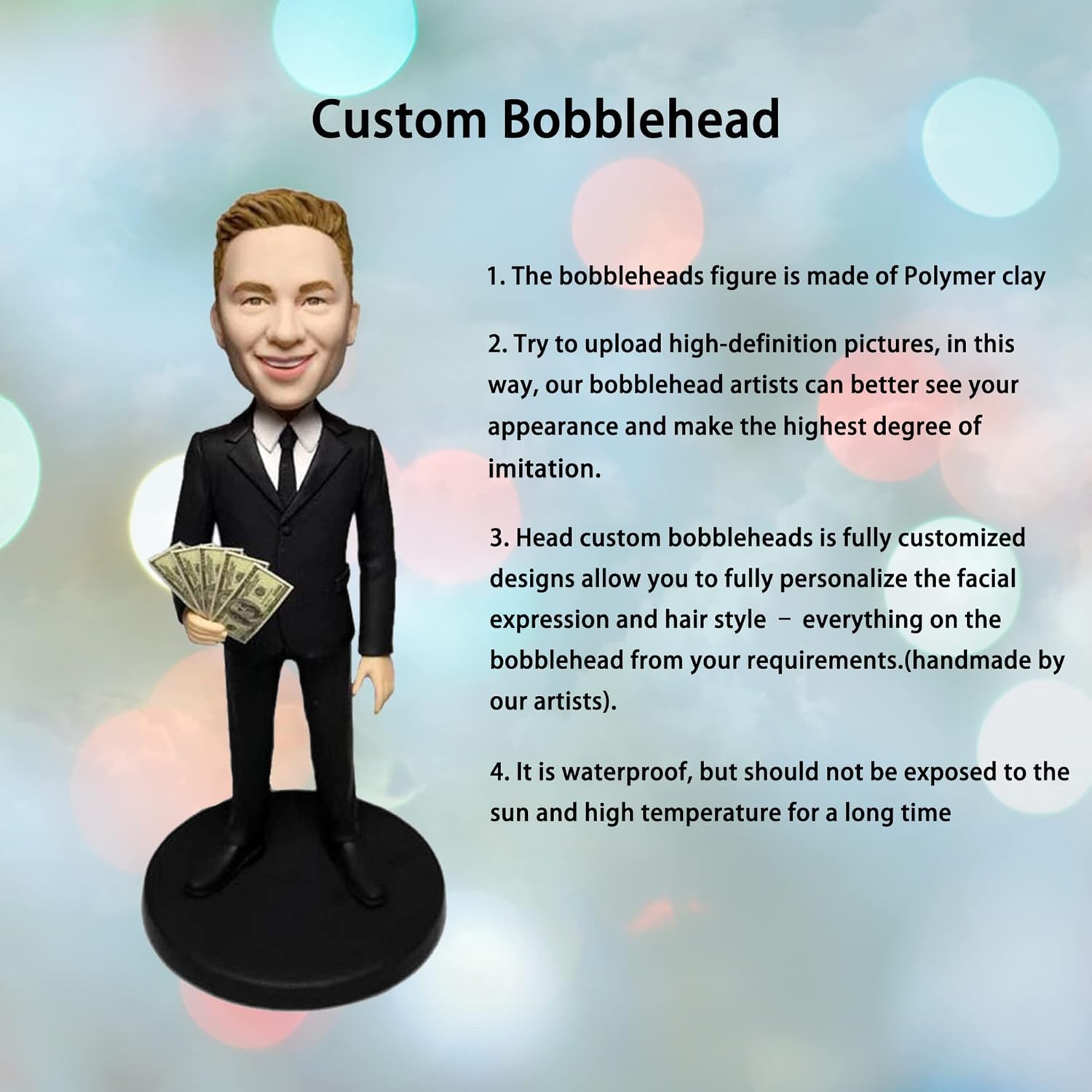 Figura de cabeza de bobble personalizada, empleador masculino en traje negro, cabeza de bobble personalizada, figuras de cabeza de bobble, escultura