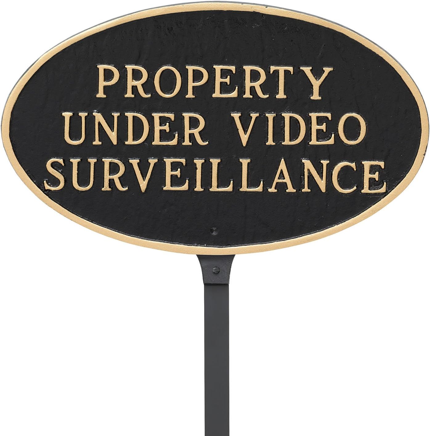 Montague Metal Products Placa de declaración de propiedad bajo vigilancia de 6 x 10 pulgadas con estaca de 23 pulgadas, negrodorado