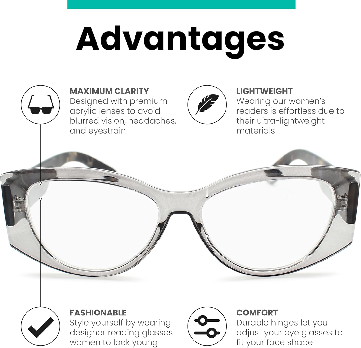 Gray Vogue – Lentes de lectura de ojo de gato de gran tamaño para mujer, para lucir elegante con alta visión, cómodos anteojos de lectura para mujer