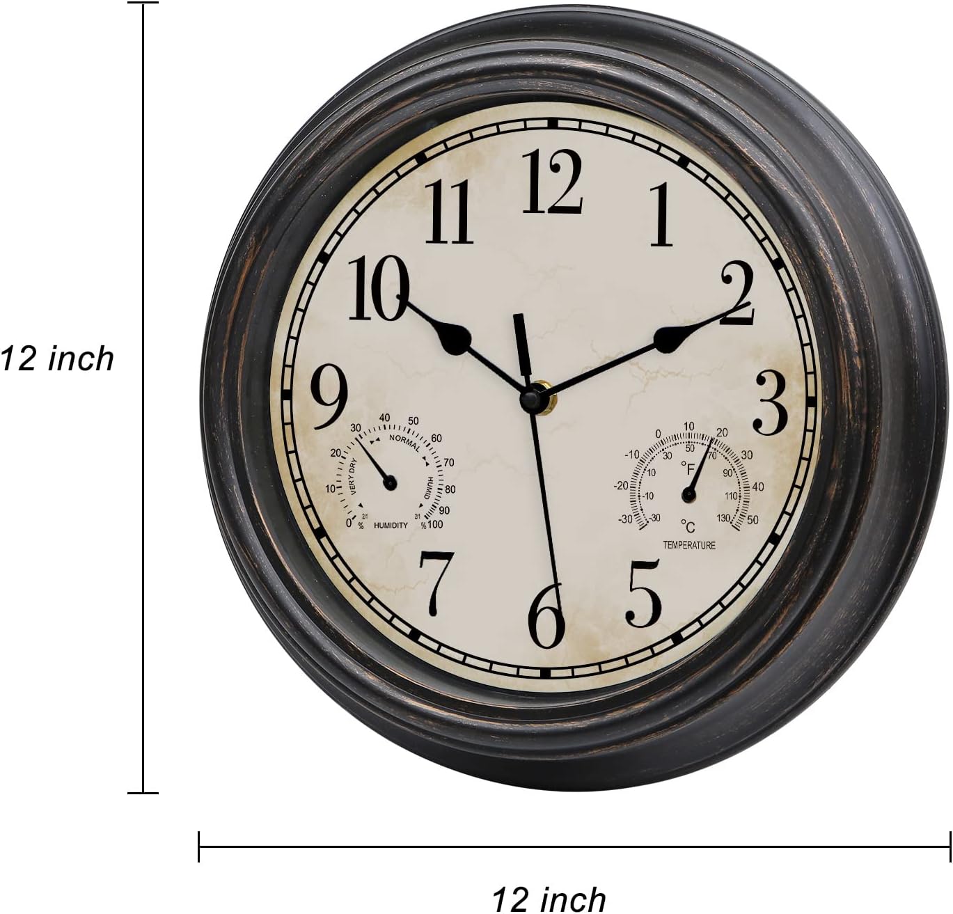 Reloj de pared retro impermeable de 12 pulgadas para interiores y exteriores, con termómetro e higrómetro, funciona con pilas, reloj de pared