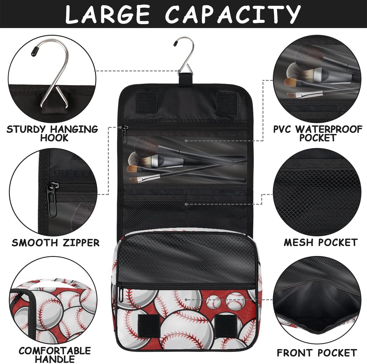 Neceser deportivo de béisbol para mujeres y hombres con gancho para colgar, patrón de béisbol, bolsa de cosméticos de viaje, estuche de maquillaje,