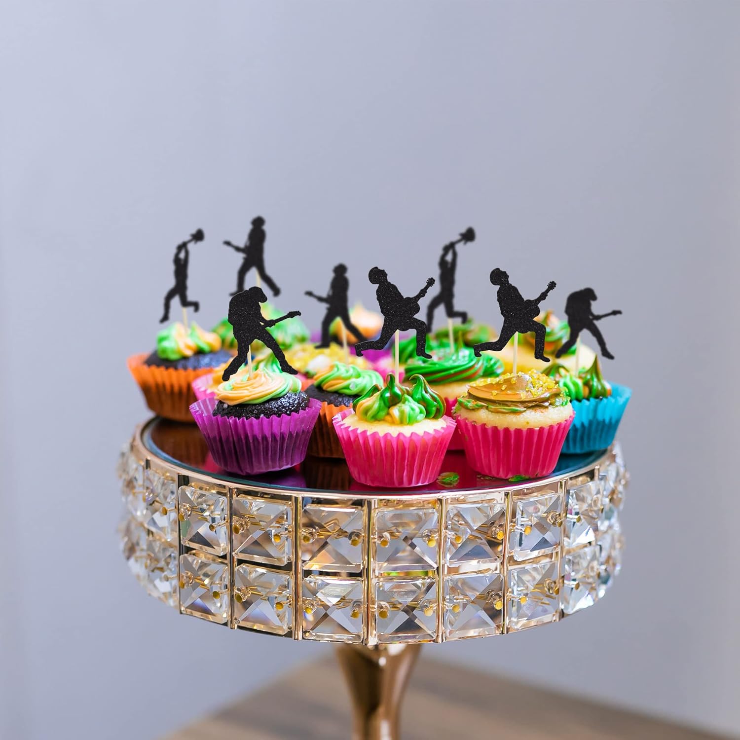 Gyufise 24 piezas de decoración para cupcakes de banda de rock, purpurina negra, temática de música pop, decoración de pastel de música para