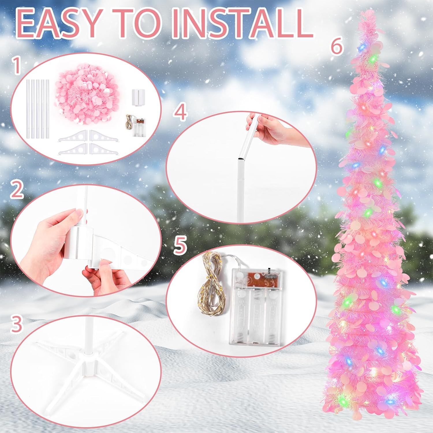 GlyinnHe Árbol de Navidad de oropel desplegable de 5 pies con 50 luces multicolores, lápiz de Navidad preiluminado con lentejuelas rosas, funciona