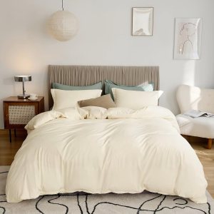 VClife Juego de funda de edredón de lino color crema, juego de ropa de cama de microfibra suave, 3 piezas, tamaño California King, color beige VClife Juego de funda de edredón de lino color crema, juego de ropa de cama de microfibra suave, 3 piezas, tamaño California King, color beige