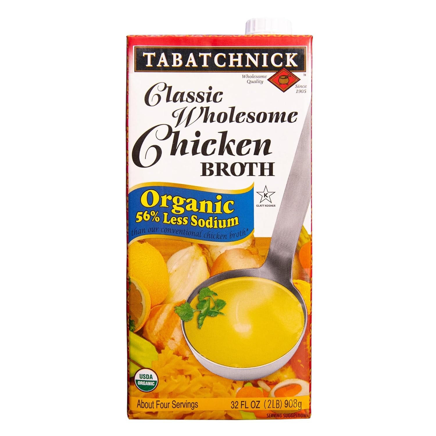 Tabatchnick Caldo de pollo orgánico bajo en sodio (paquete de 8) 32 onzas, certificado Kosher, pollo real, sin azúcar añadido, 10 calorías por