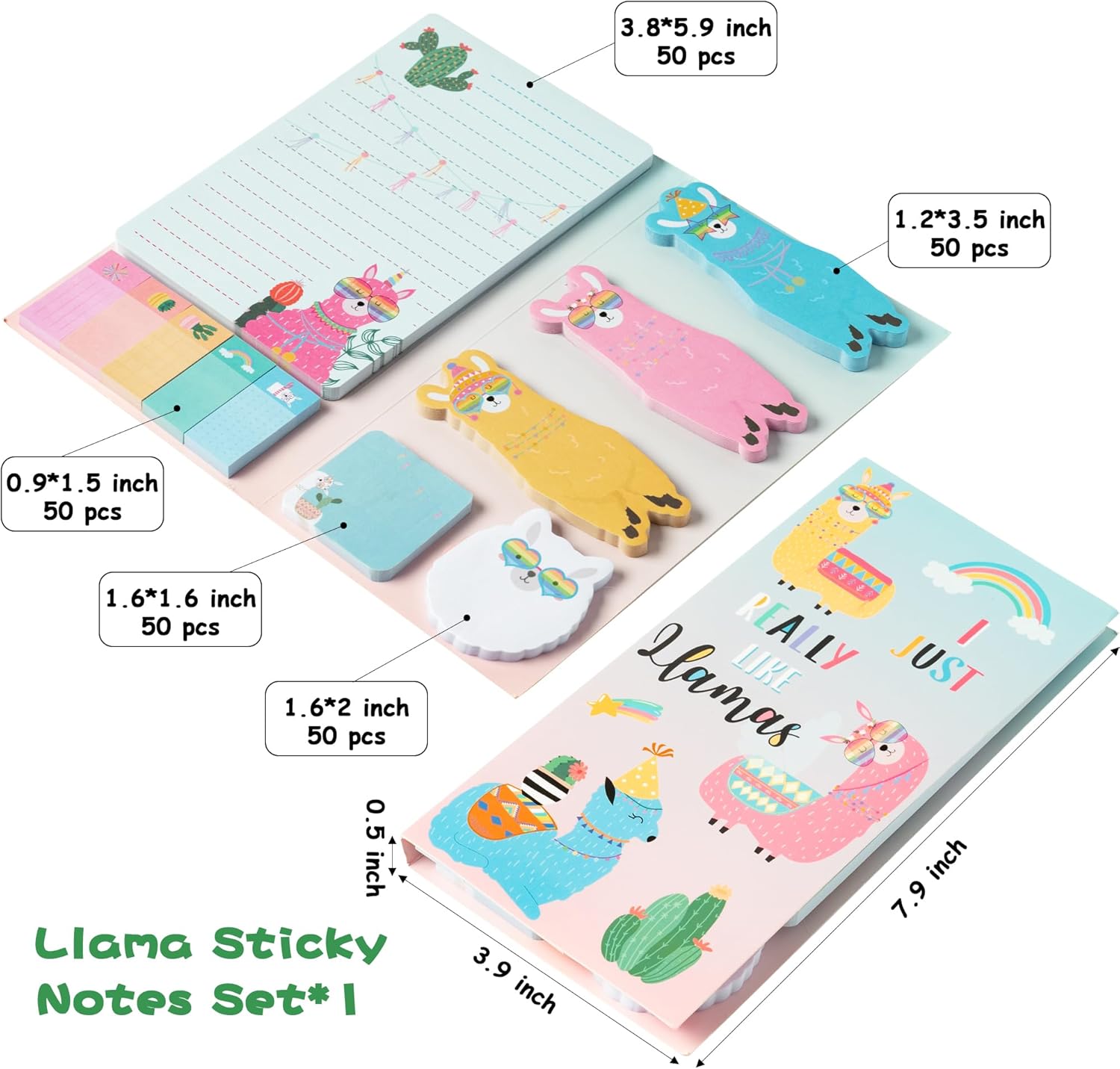 I Just Really Like Llamas – Juego de notas adhesivas, 550 hojas, lindas notas autoadhesivas de alpaca de dibujos animados, pestañas divisorias de