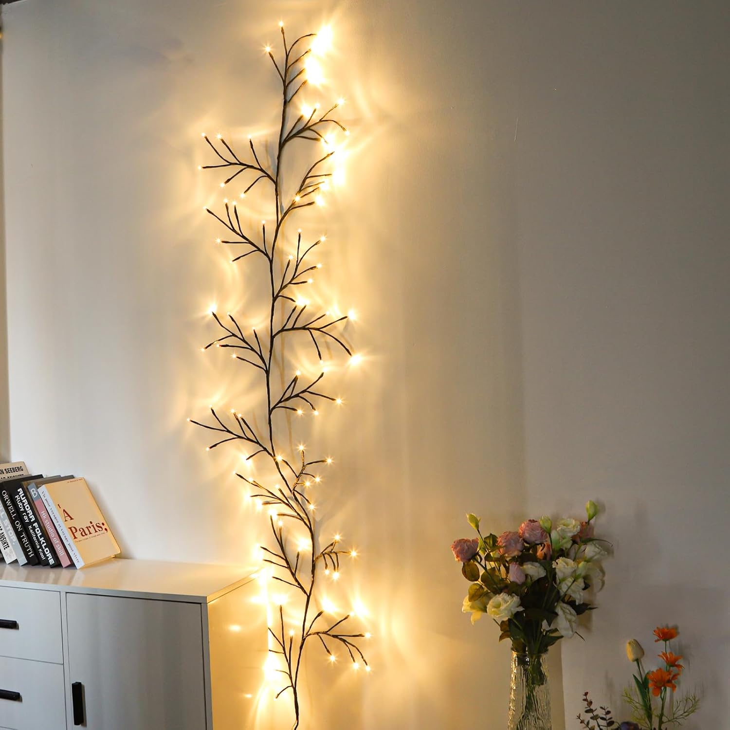 96 luces LED para árbol de pared para interiores, luz de sauce y vid, plantas artificiales, ramas de árbol, 8 modos, 6 pies, flexible, decoración de