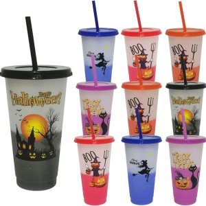 Aodse Vasos que cambian de color de Halloween con tapas y pajitas, paquete de 10 vasos de plástico de 24 onzas con castillo, calabaza, gato negro Aodse Vasos que cambian de color de Halloween con tapas y pajitas, paquete de 10 vasos de plástico de 24 onzas con castillo, calabaza, gato negro