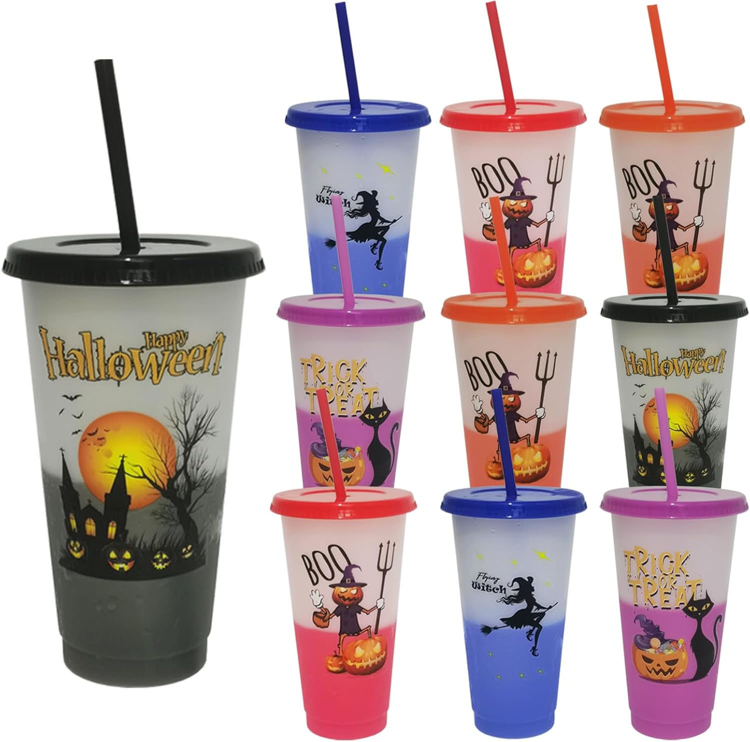 Aodse Vasos que cambian de color de Halloween con tapas y pajitas, paquete de 10 vasos de plástico de 24 onzas con castillo, calabaza, gato negro