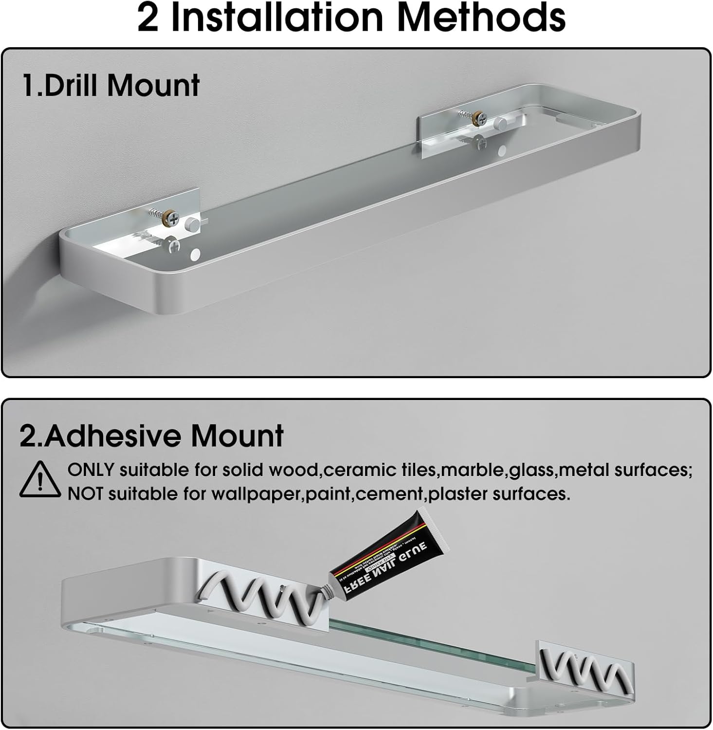 Bathroom Shelf Glass Bathroom Shelves Wall Mounted Rectangular Floating Shelves for Wall Decor Bathroom Organizer Matte Silver Set