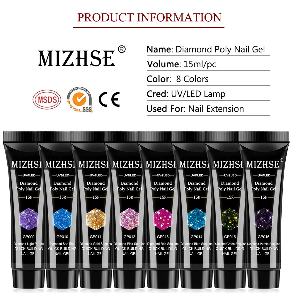 MIZHSE Kit de uñas de poligel, 8 colores, gel constructor de extensión de uñas, kit profesional de poligel con purpurina, morado, azul, rosa, rojo,