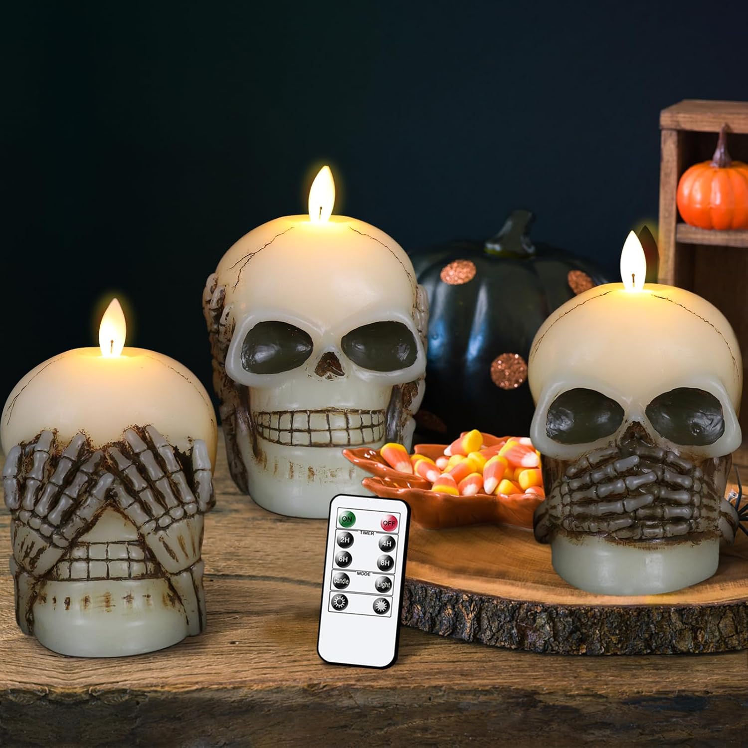 Wondise Velas parpadeantes sin llama de Halloween con control remoto y temporizador, juego de 3 velas LED de cera real que funcionan con pilas con