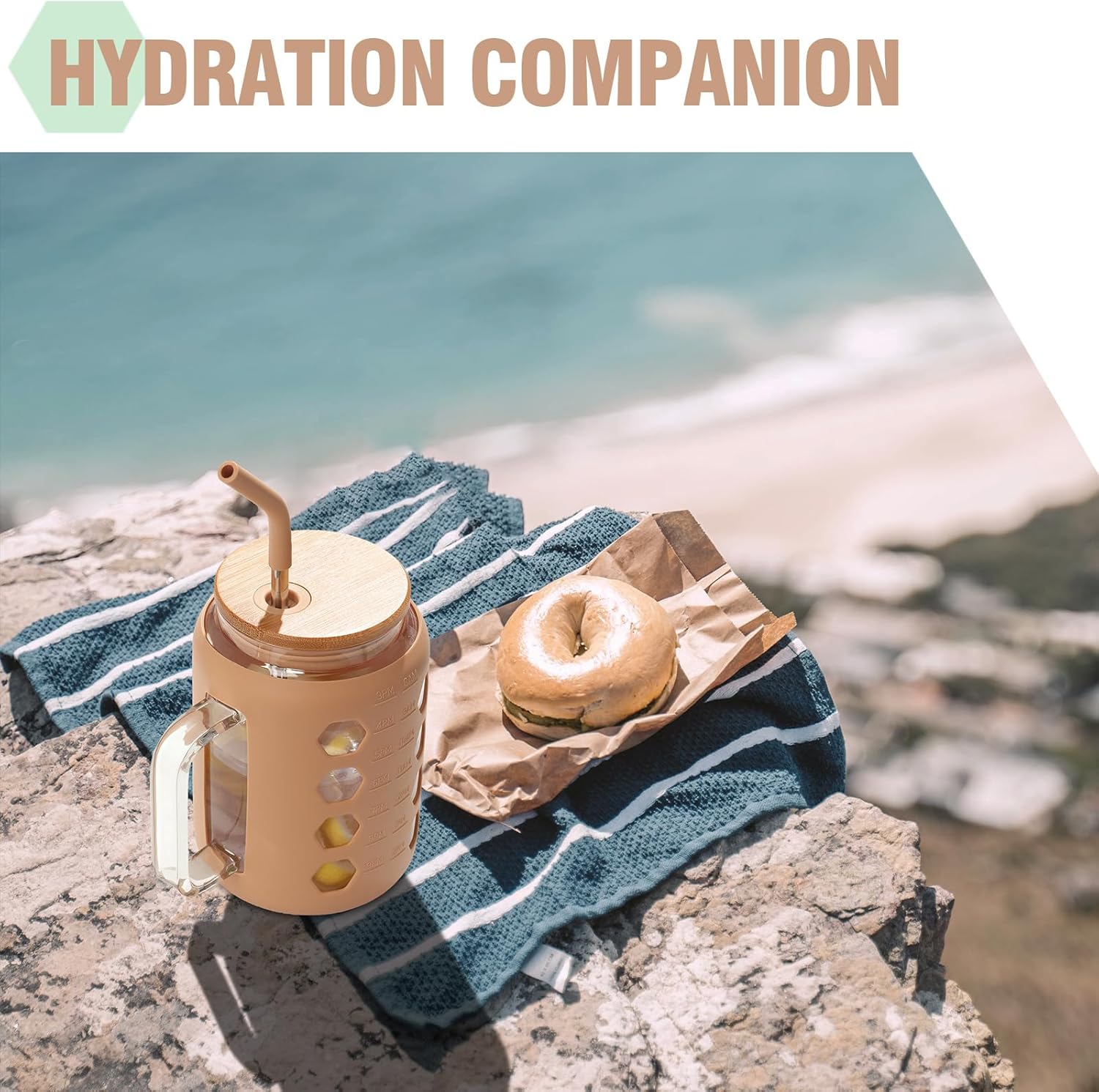 MUKOKO Vaso de vidrio de 32 onzas con tapa de bambú y pajilla, botellas de agua de vidrio con marcador de tiempo, taza de café helado con asa, dos