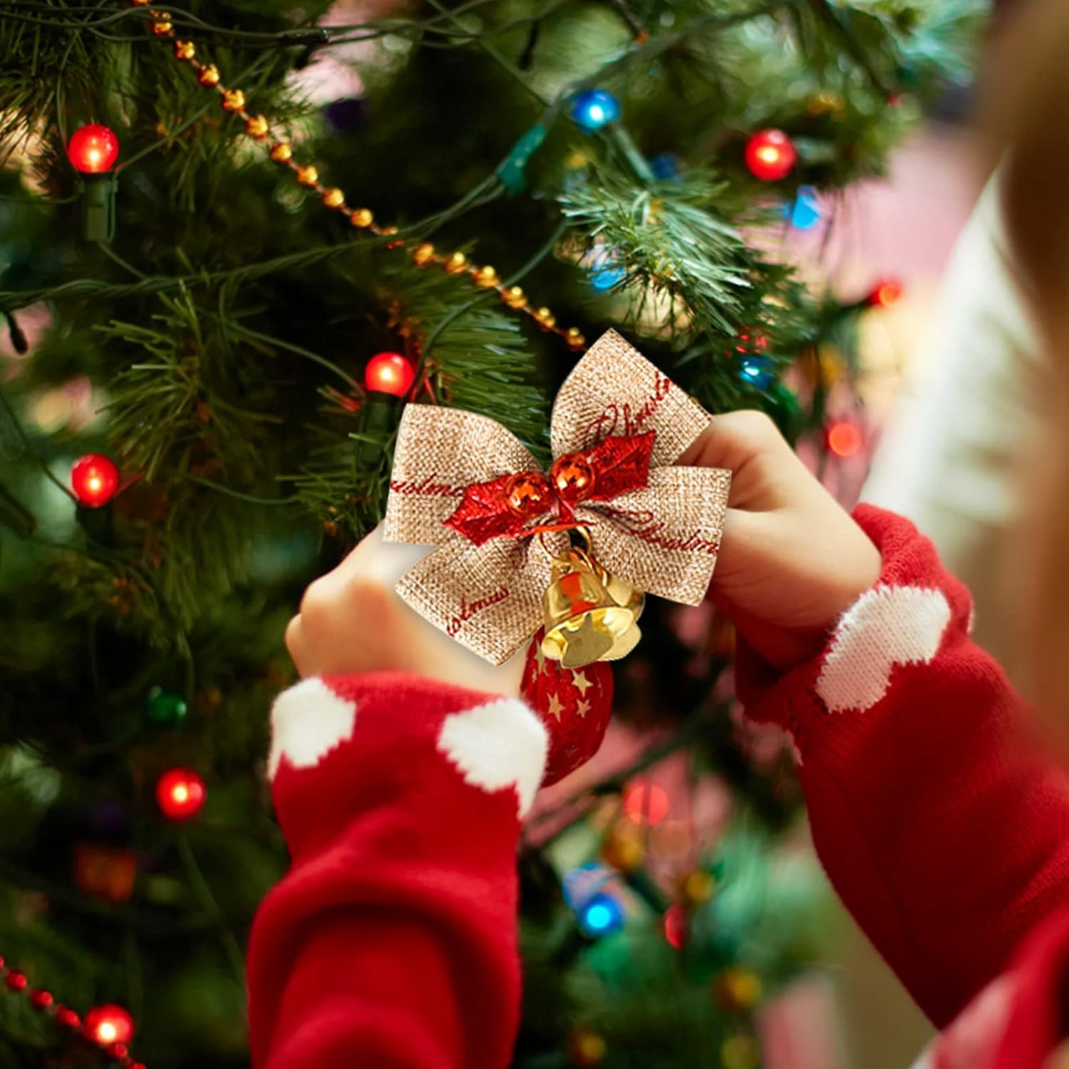 Adorno con forma de luz de pollo, 30 piezas de lazo de Navidad con mini cascabeles, lazos para árbol de Navidad, adornos de Navidad, bodas,