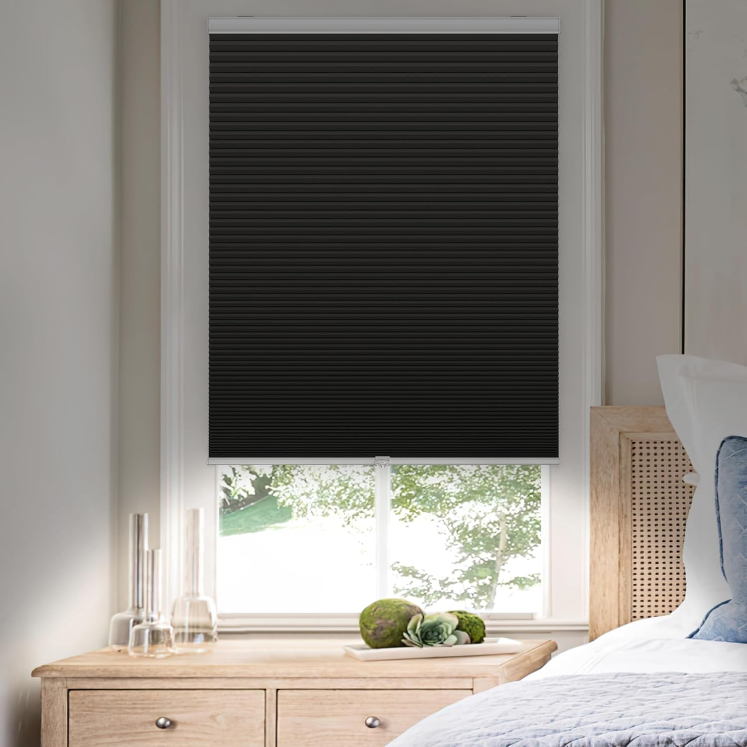LazBlinds No Tools No Drill – Persianas celulares sin cordones, opacas con diseño de panal para oscurecer la habitación, persianas plisadas para
