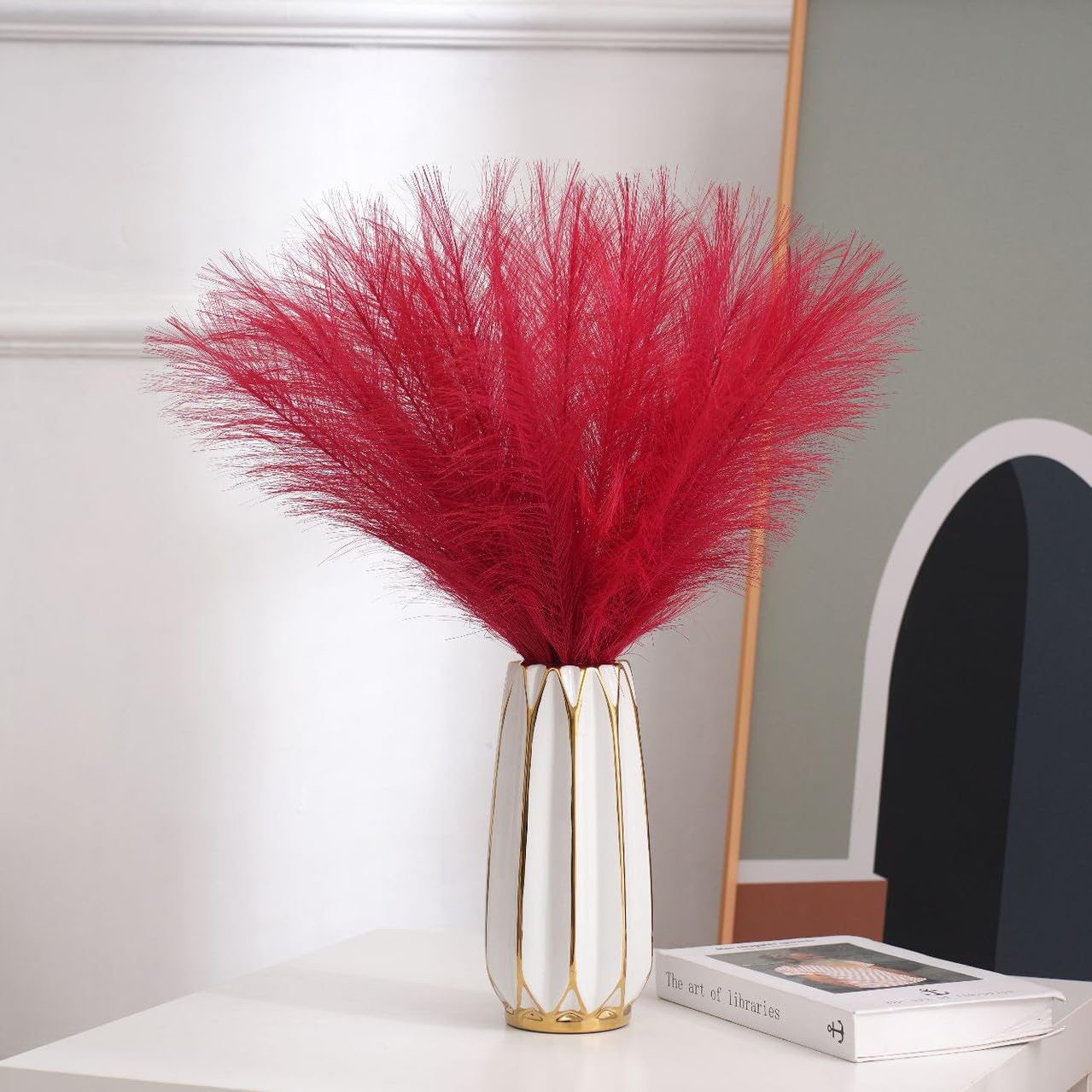 43cm(17″) Ramas de pampa artificiales coloridas Pompas esponjosas decorativas en jarrón hierba falsa (5, rojo)