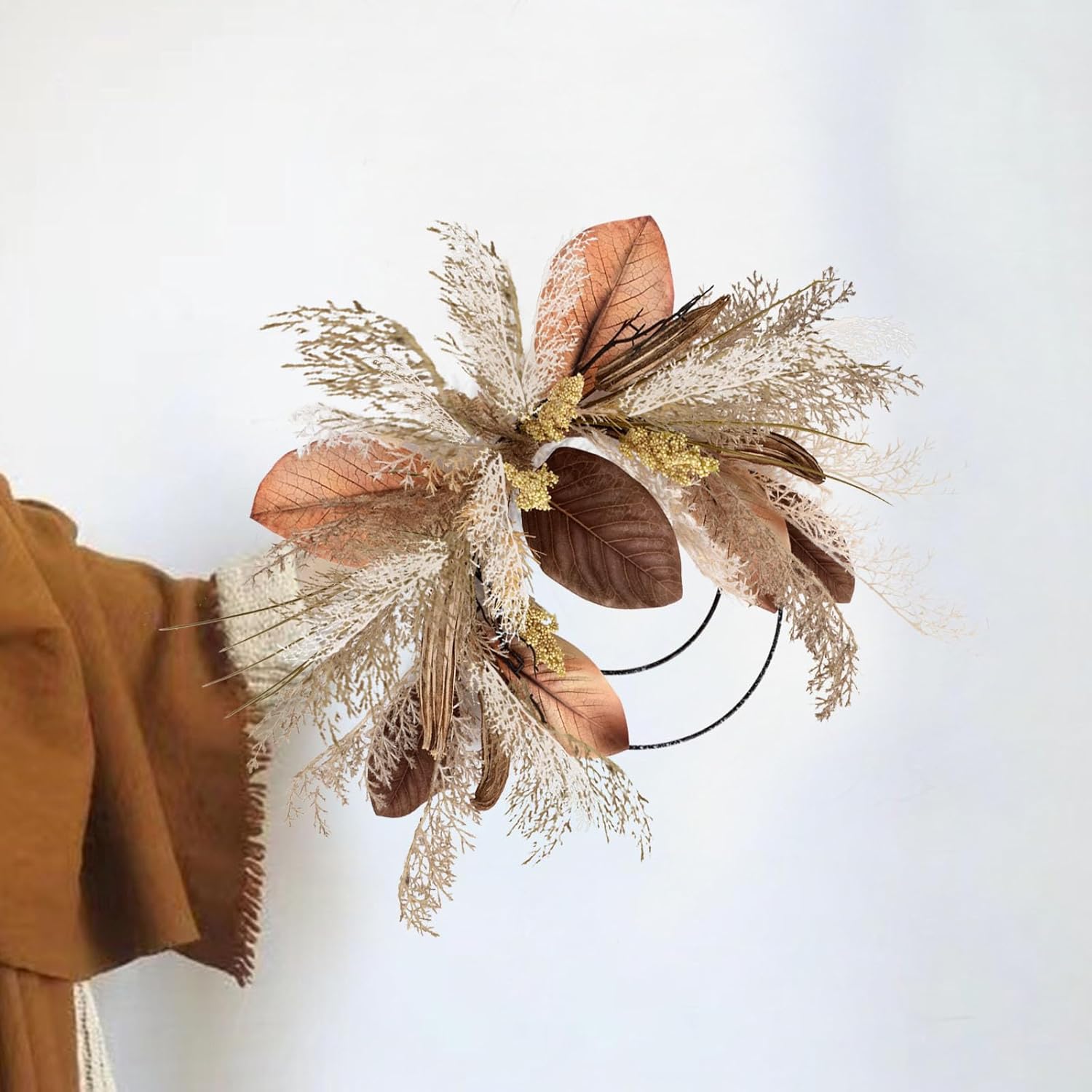 Coronas de otoño de 24 pulgadas con LED para decoración exterior de puerta delantera, pasto de plástico, hojas de magnolia, okra, vainas de loto,