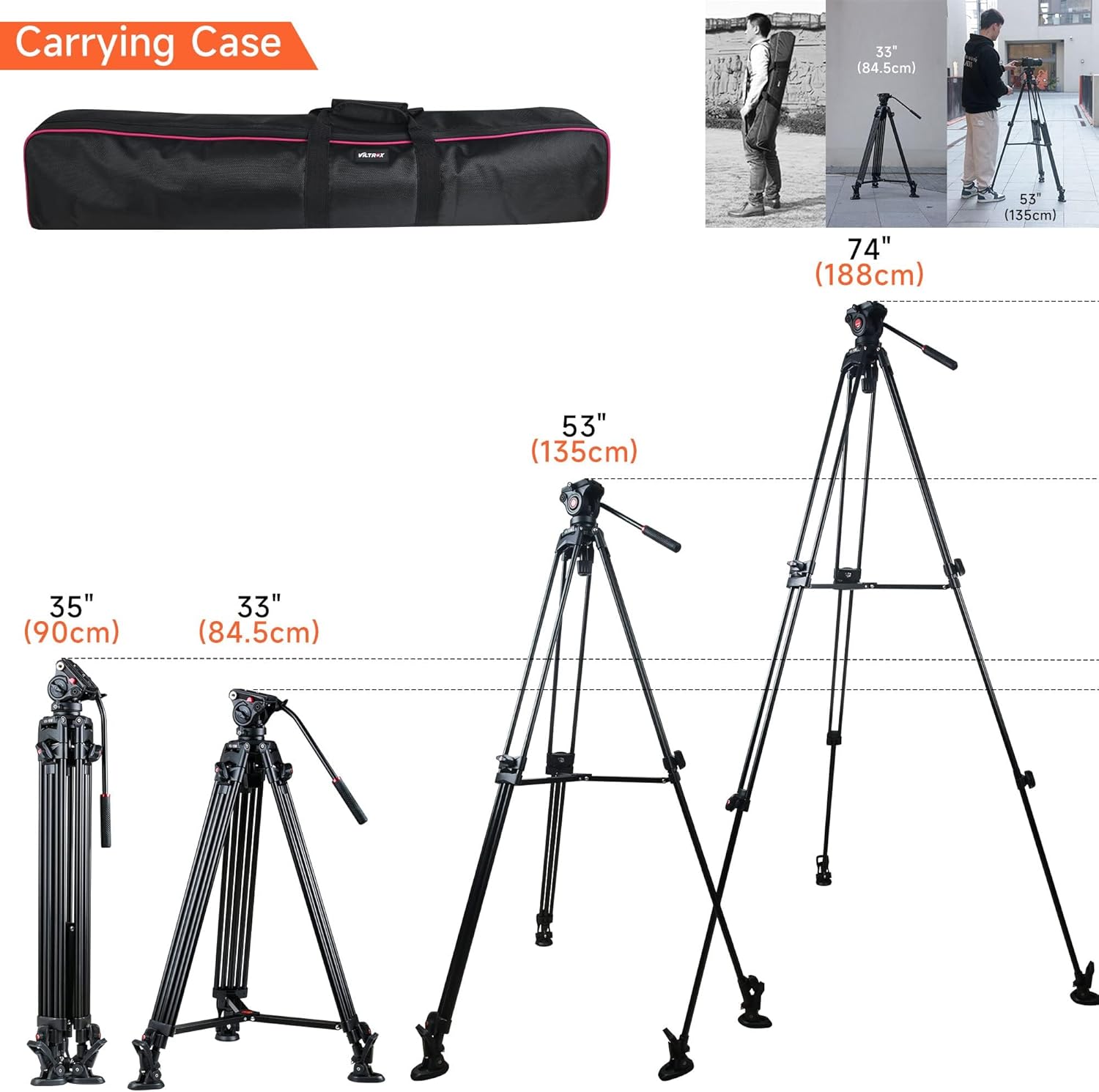 VILTROX Trípode de cámara de video profesional de 74 pulgadas74.0 in con cabezal de arrastre fluido y placa QR, tubo doble de aluminio, para Canon