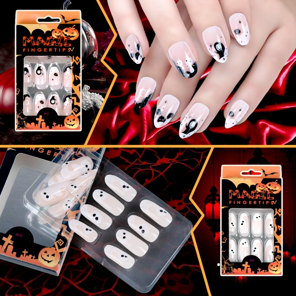 Juego de 48 piezas de pegamento de uñas color negro y rojo oscuro, uñas largas, fantasmas, góticas, uñas acrílicas ovaladas de aguja de almendra,