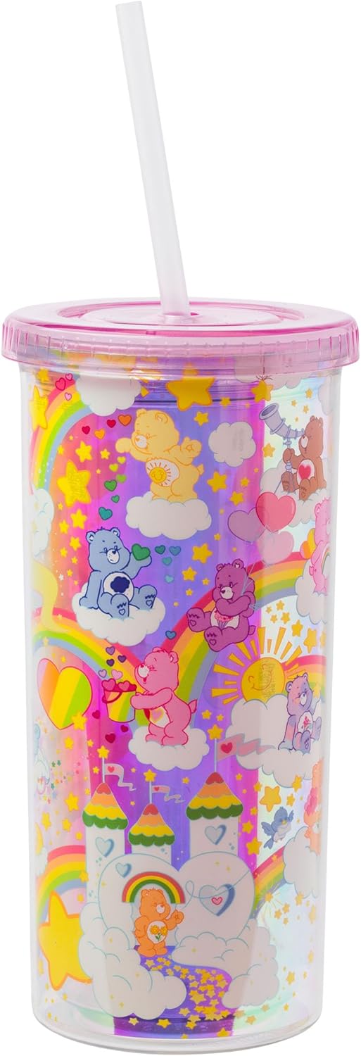 Silver Buffalo Care Bears – Vaso alto de plástico iridiscente con tapa y pajilla, con Funshine Bear, Grumpy Bear, Cheer Bear, Tenderheart Bear, 20
