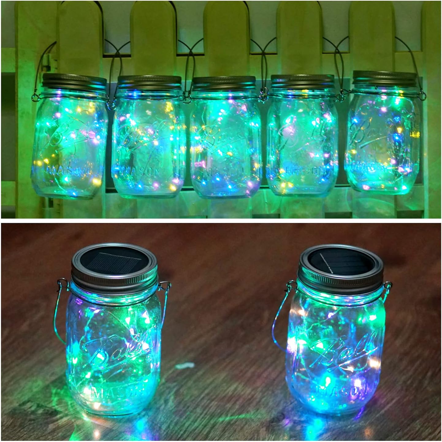 Paquete de 10 luces solares para tarros de masón, 20 luces LED con forma de hada y estrella, con 10 colgadores, resistente al agua y al óxido, para
