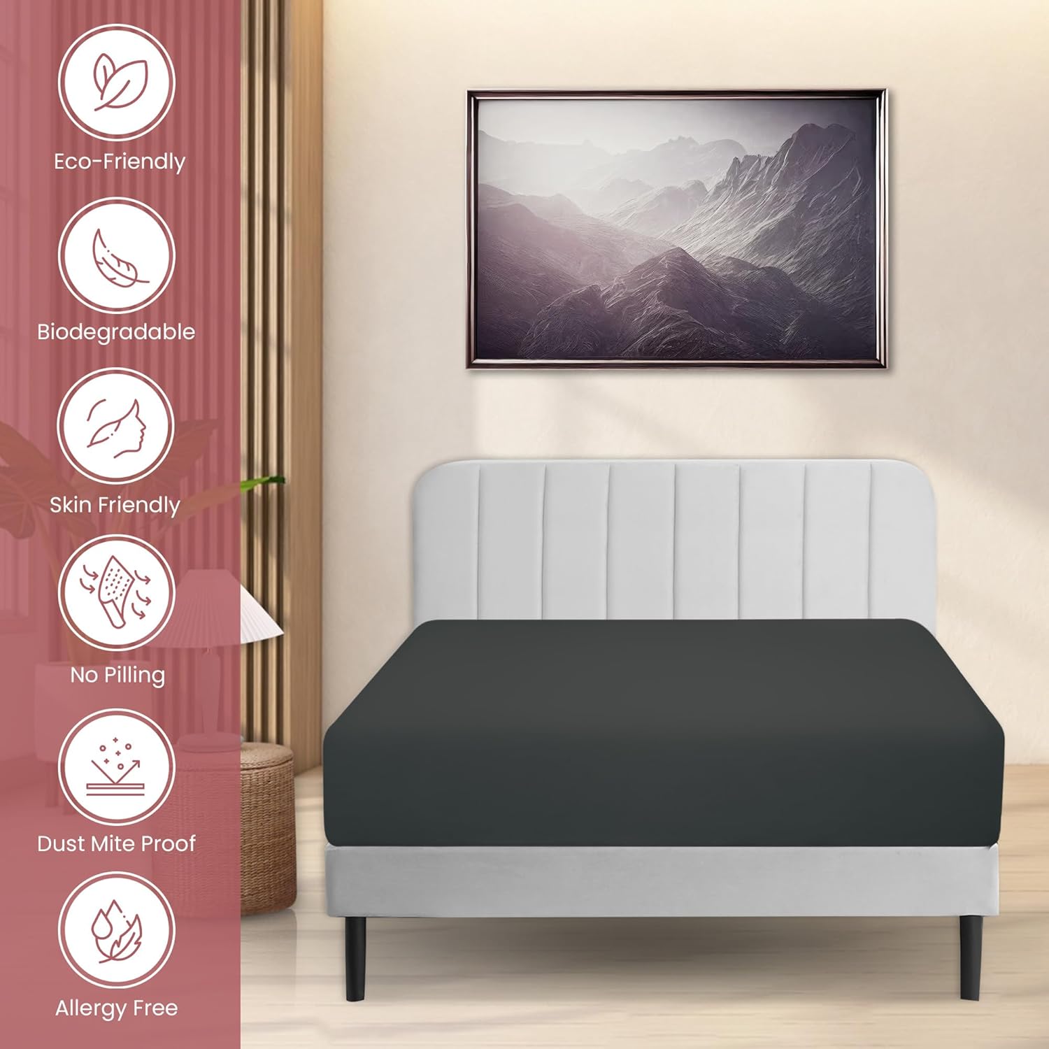 Superity Linen Sábana bajera ajustable de algodón que absorbe la humedad para un sueño transpirable, seco y cómodo. 200 hilos (negro)