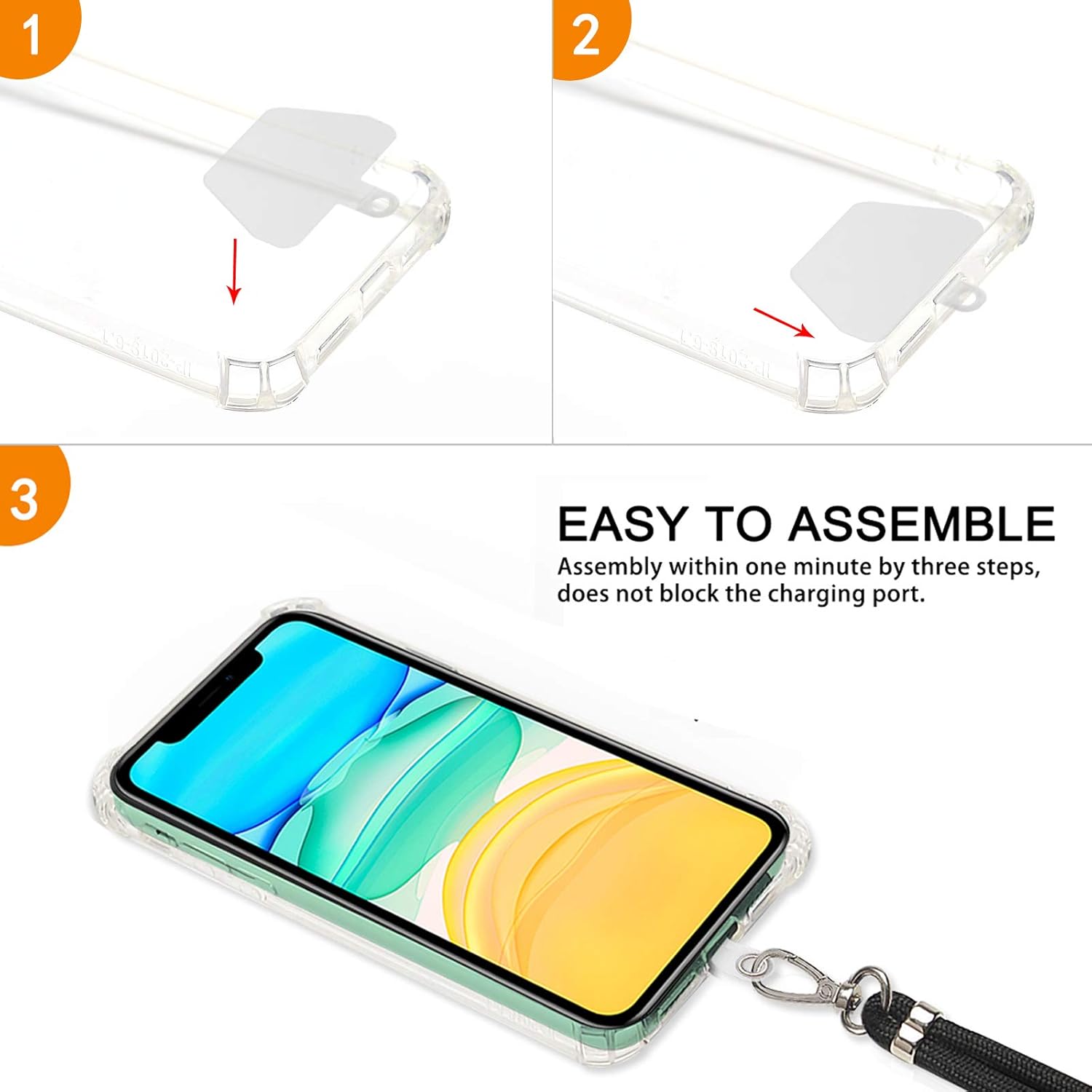 takyu Cordón para teléfono, paquete de 2 cordones para el cuello y 4 almohadillas transparentes, cordón universal de nailon cruzado para teléfono